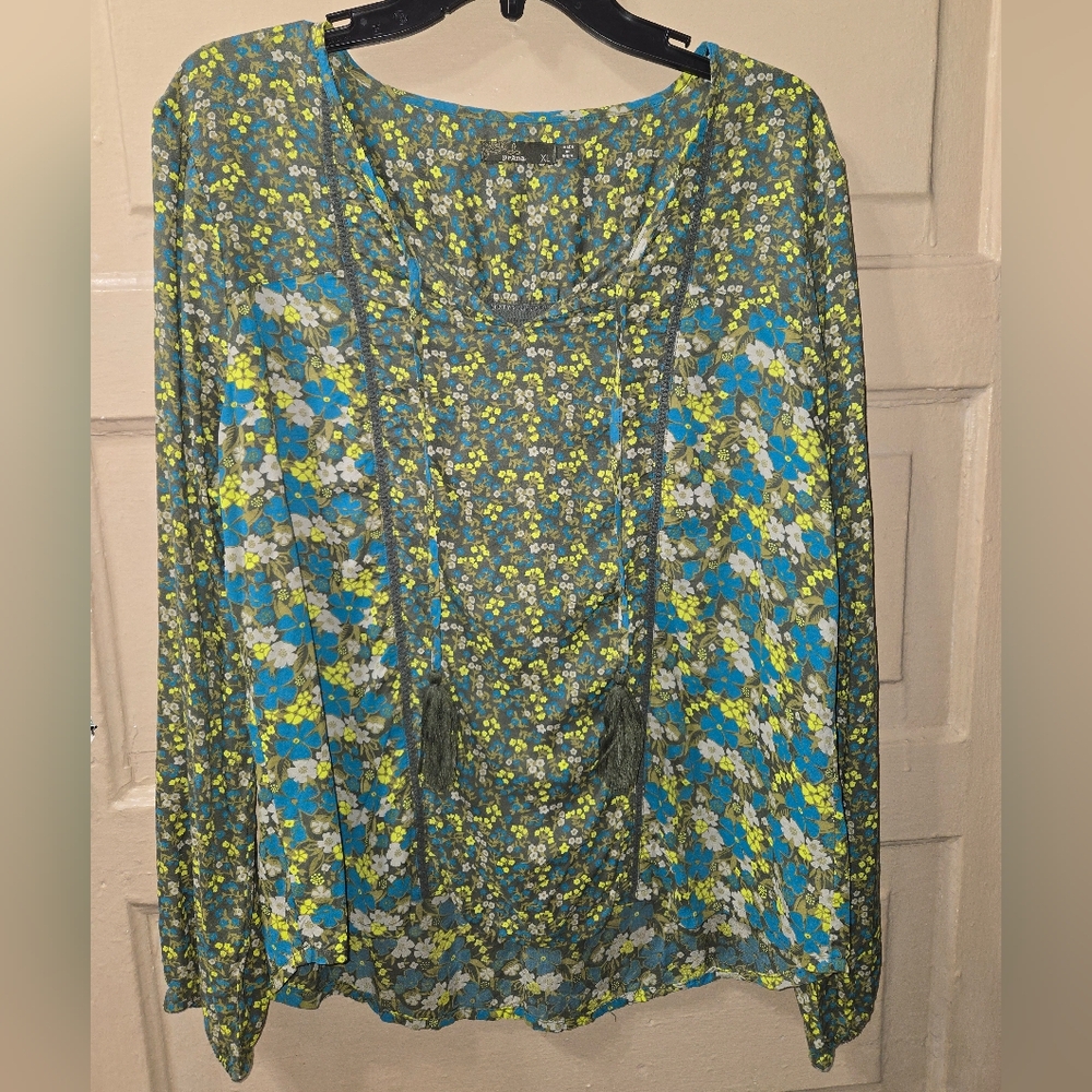 Prana Blue Green Floral Tie Neck Long Sleeve Peasant Blouse EUC Size: XL